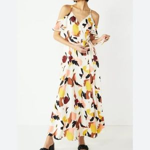 Nine West White Maxi Dress with Yellow, Peach, Rust & Black Abstract Print